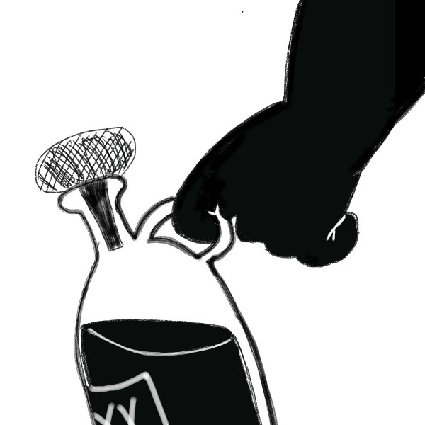 Drawing of a hand with a bottle of liquor