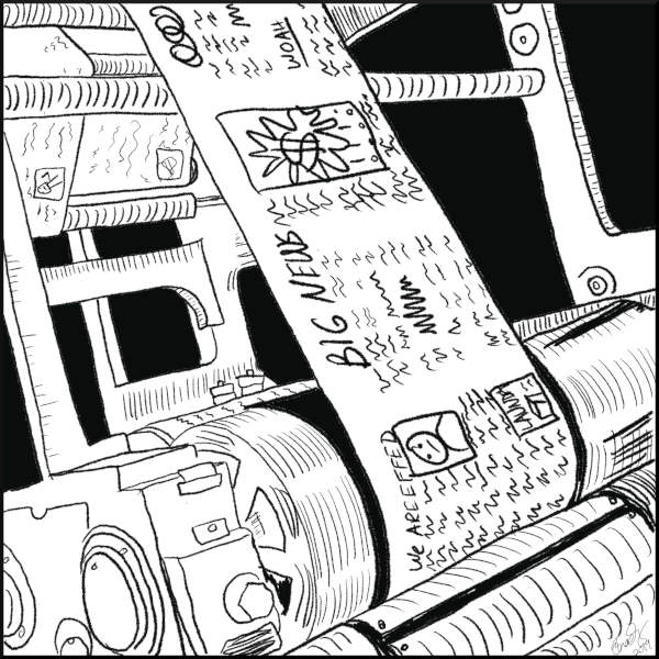 Tracing an interpretation of a public domain photo of a printing press found on WikiCommons. Drawing by Brady Dale, copyright 2019. All rights reserved.