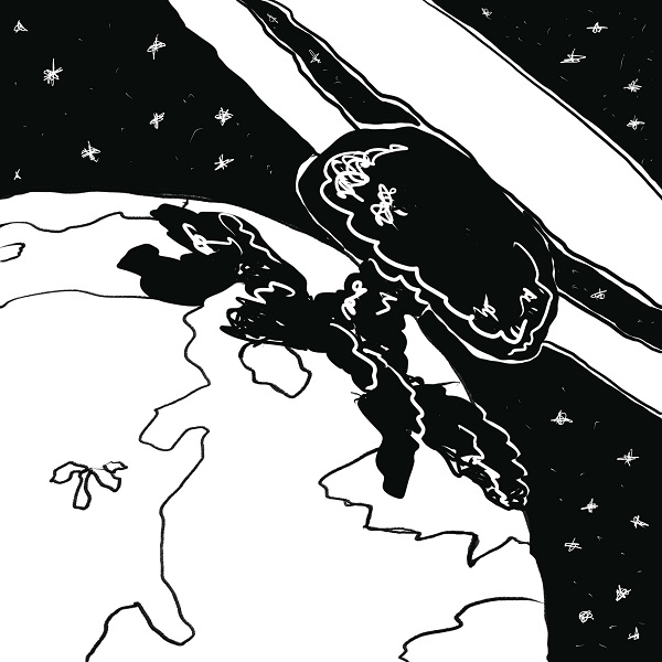 Drawing of the earth with a giant mushroom cloud coming out of it. Black and white. Drawing by Brady Dale, copyright 2019. All rights reserved.