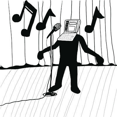 A drawing of a man with laptop for a head singing. Drawing by Brady Dale, copyright 2019. All rights reserved.